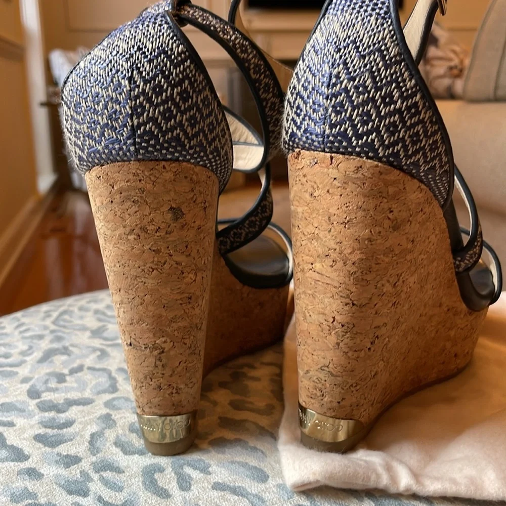 Jimmy Choo Portia Wedge Sandals Navy Cork Two-Tone Leather Size 38 EU Chic Style